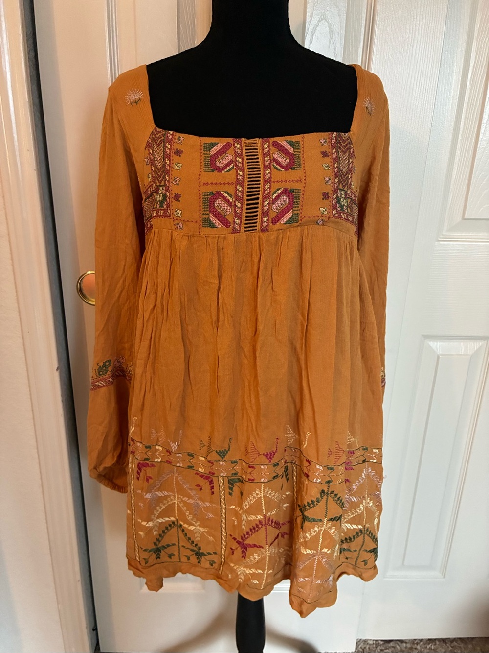 100% Rayon Free People Mustard Embroidered Mini Dress